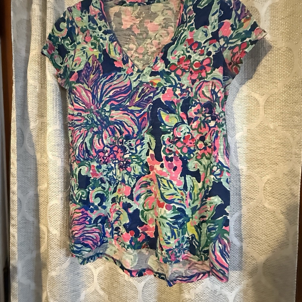 Lilly Pulitzer Etta Top Cap Sleeve V-Neck‎ T-Shirt XXS Indigo Exotic Escapade